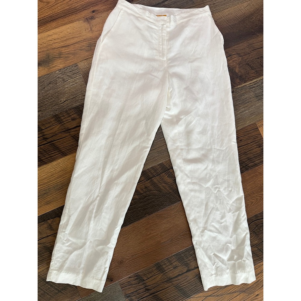 Ruby Rd Womens White Linen Blend Straight Leg Trousers Pants Size 8 Elastic Back